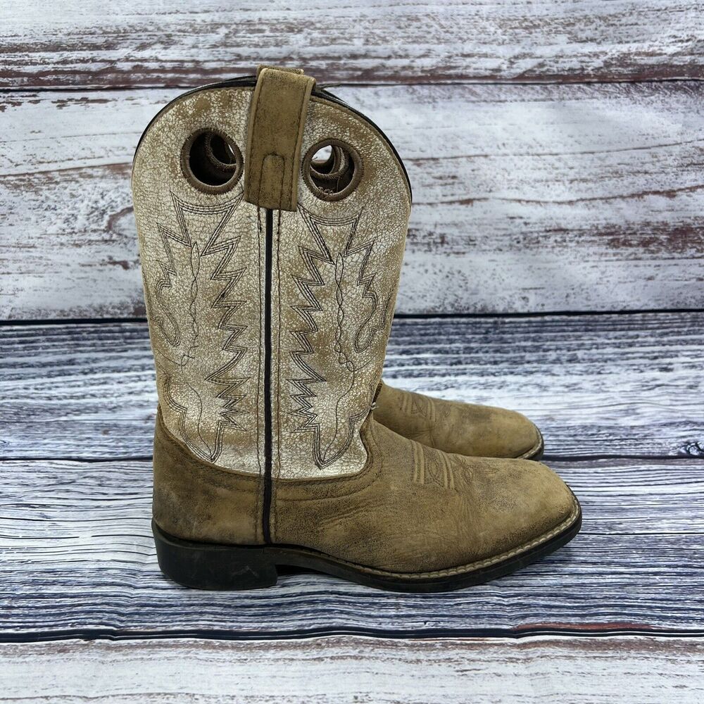 Smoky Mountain Boots Drifter Brown & White Leather Square Toe Western, Youth 3.5